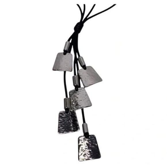 Chico’s Hammered Silver Long Necklace Black Cord - Picture 3 of 9